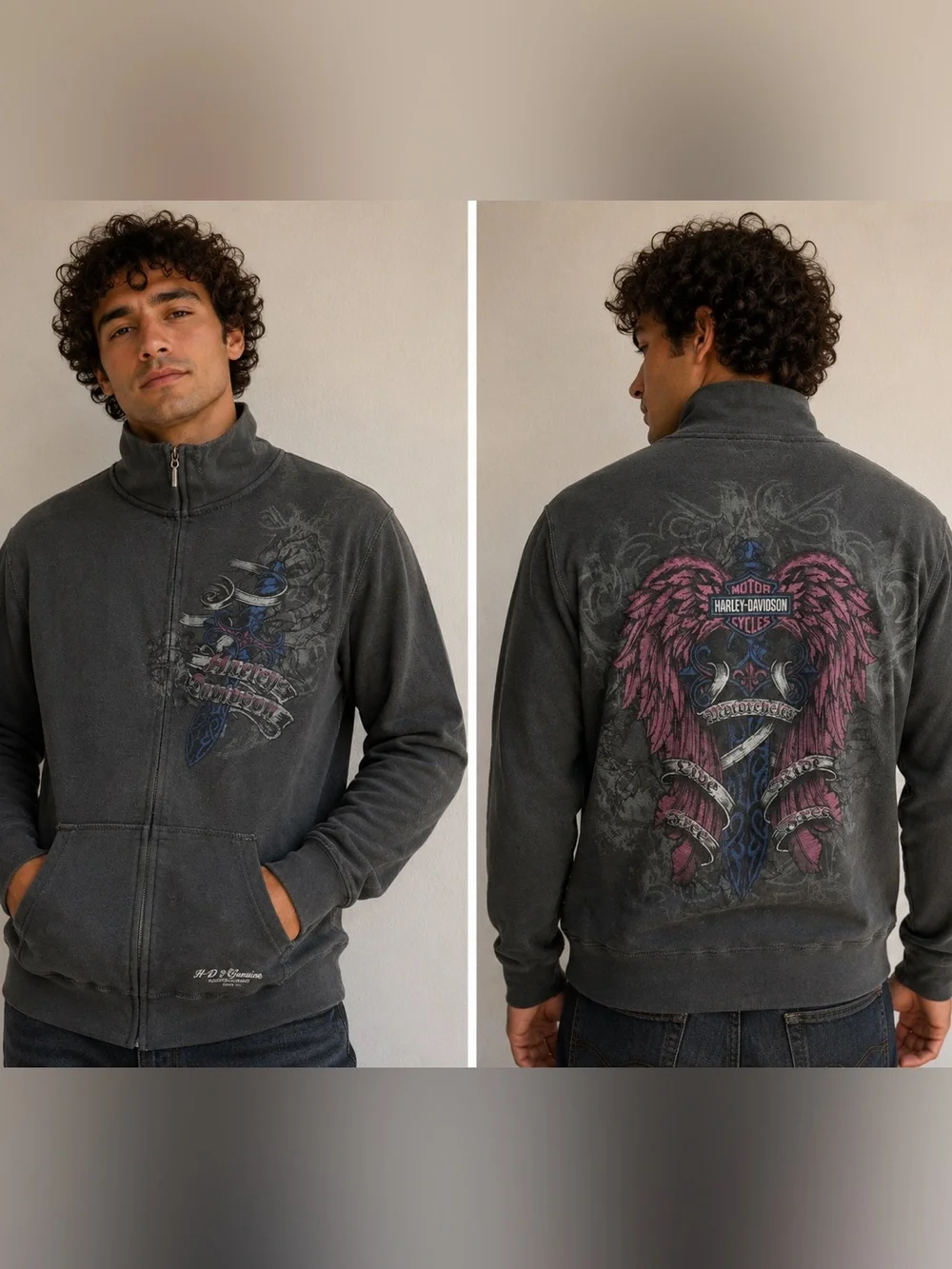 Harley-Davidson Black Zip-Up Jacket with Pink Wing Graphic